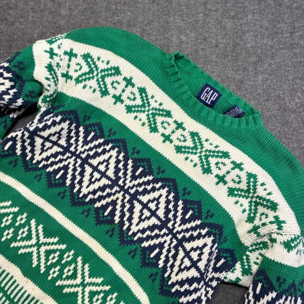 Vintage Gap Fair Isle Sweater Mens Large Green White Blue Cotton Knit‎ Style